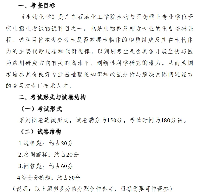 广东石油化工学院2026年硕士研究生招生考试初试自命题科目考试大纲