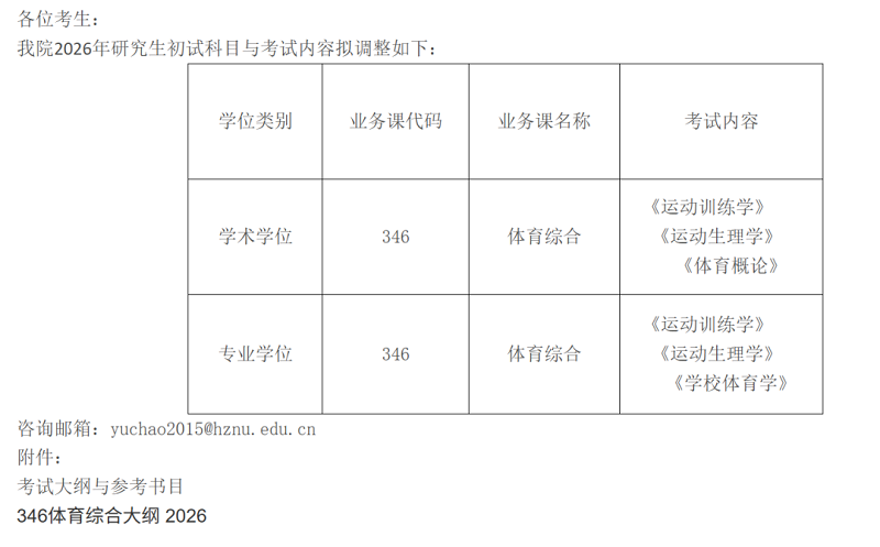 杭州师范大学  体育学院发布关于2026年硕士研究生招生考试（初试）考试科目及大纲调整的公告