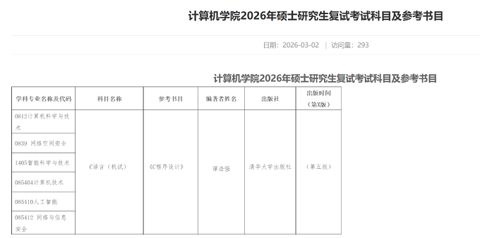 计算机学院2026年硕士研究生复试考试科目及参考书目